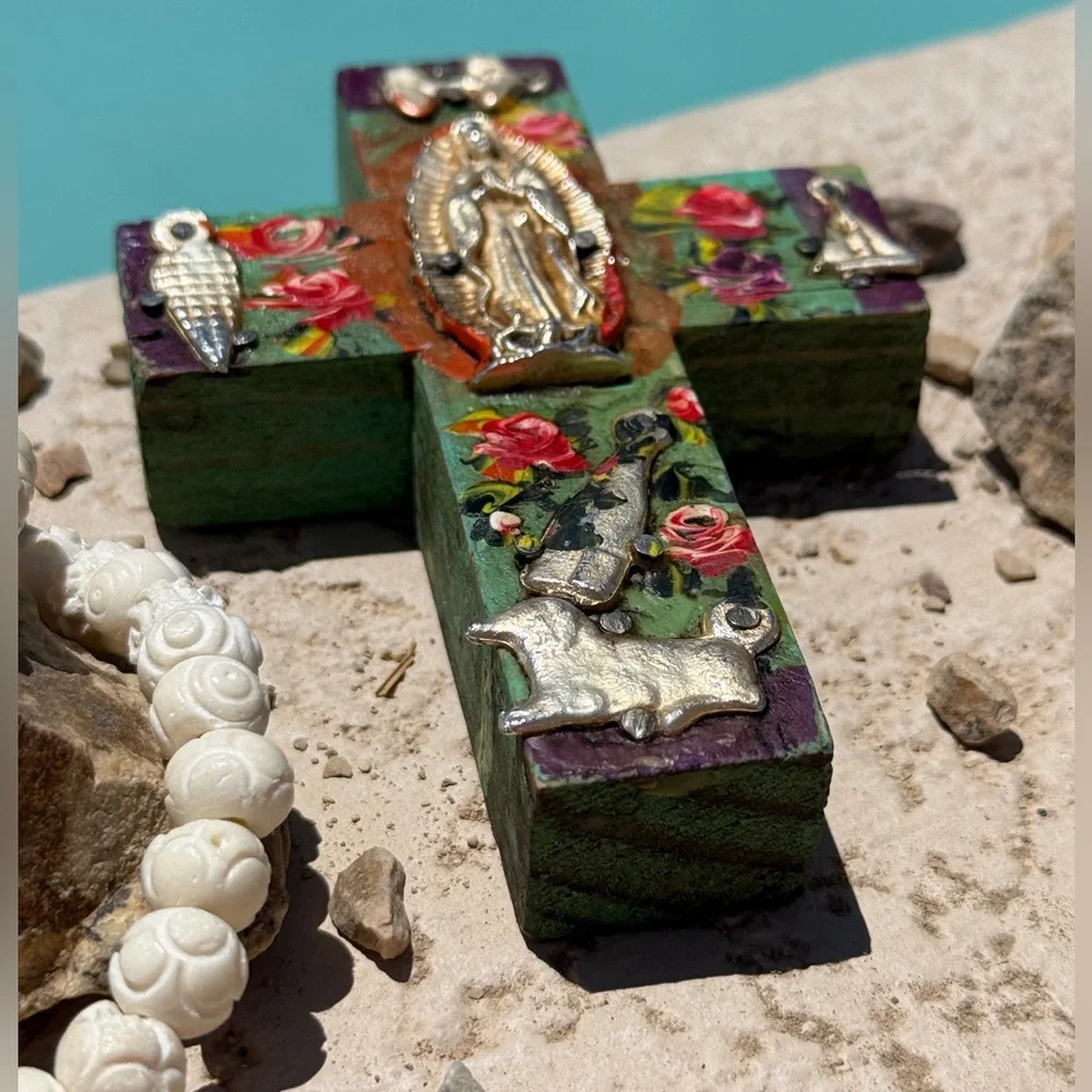 Milagros Silver Metal Charm Spanish Folk Art Painted Wood Cross-Turquoise Blue